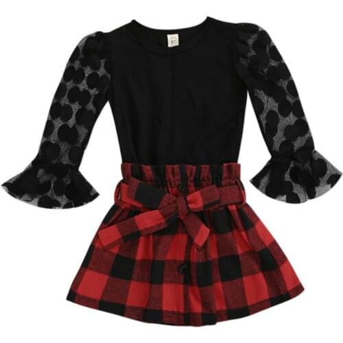 Kids Children Long Sleeve Shirt Plaid Skirt Mesh Flared Sleeves Baby Girl Clothing