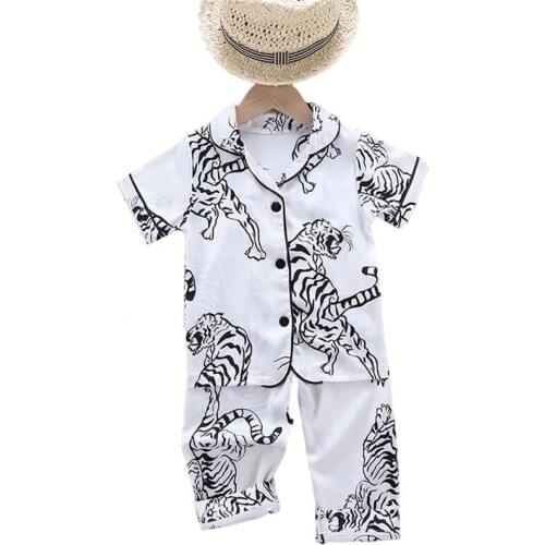 Childrens Pajamas Set Baby Suit Kids Clothes Toddler Boys Girls Ice Silk Satin Cartoon Printing Tops Pants Set Home Wear