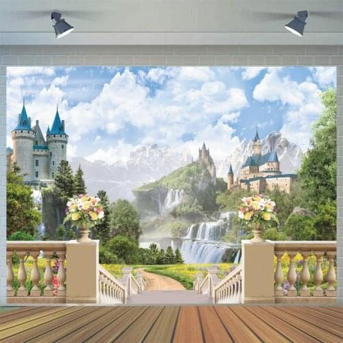 Spring Wonderland Wedding Backdrops Photography Old Castles Waterfall River Mountain Sky Landscape Photography Backgrounds