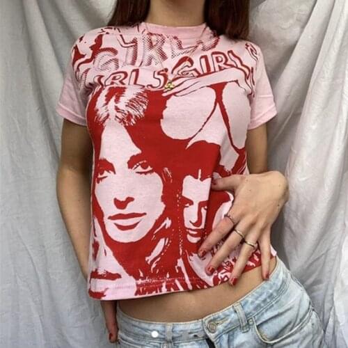E-girl Harajuku Graphic Print T-shirt 90s Women Vintage Crop Top Y2K Aesthetic Summer Slim Fit Tees Gothic Punk Short Sleeve