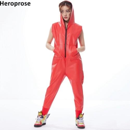 Heroprose Hip Hop Dance Costume Stage Performance Wear European Harem Jumpsuit Streetwear Red PU Faux Leather One Piece Pants