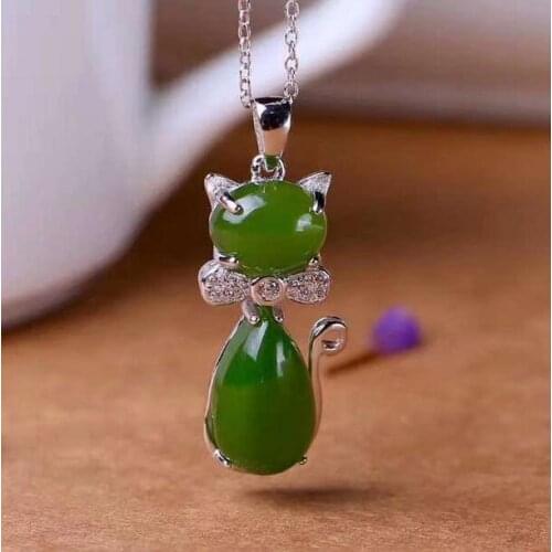 High quality Hetian jasper cat pendant spinach Green jade 925 silver mosaic cat necklace Jewelry Gift with Certificate
