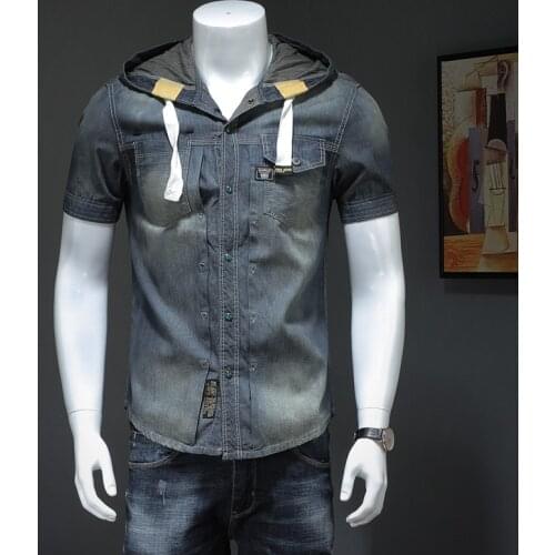 Summer Denim Shirt Men Casual Slim Fit Short Sleeve Shirts With Hat Cotton Thin Mens Jeans Cowboy Tops Clothing