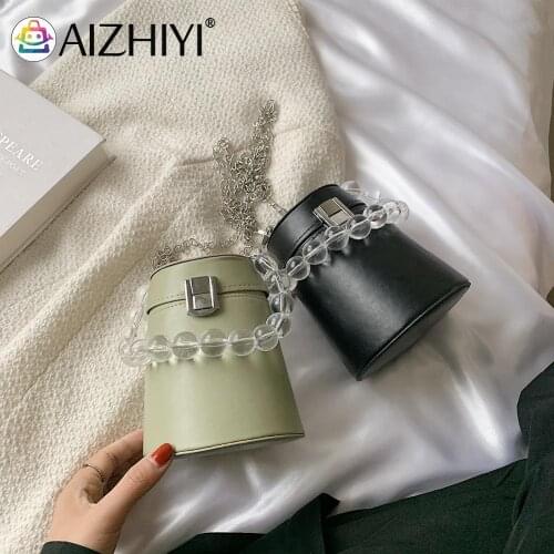Fashion Women Solid Color Shoulder Bag Bucket Bead PU Chain Mini Crossbody Bags Soft Leather Women Designer Handbag