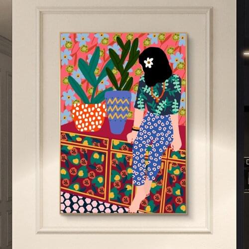 Cartoon Home Art Hawaiian Girl Poster Canvas Painting and Printmaking Wall Art Modern Decor of Living Room Wall on the Balcony