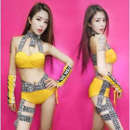 New Yellow Women Stage Dance Show Costumes Outfit Ds Costume Dj Female Singer Sexy Bandage Hip Hop Jazz Dance Costume 3PCS/SET