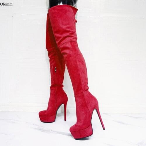 Olomm 2021 New Fashion Women Winter Thigh Boots Sexy Stiletto Heels Round Toe 10 Colors Party Dress Shoes Women Plus Size 35-47