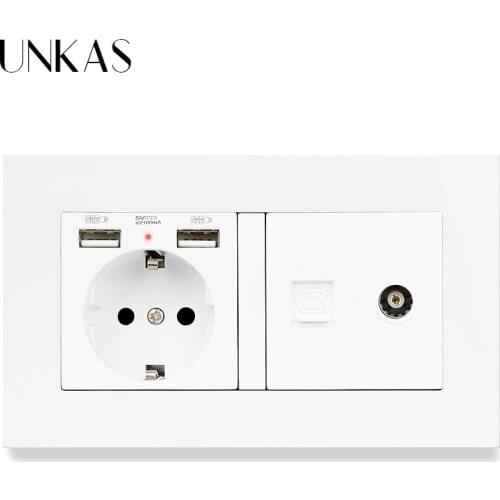 UNKAS Plastic Panel EU Standard Electric Socket Dual USB + RJ12 Telephone Jack And Television Port TV Power Outlet 146MM * 86MM