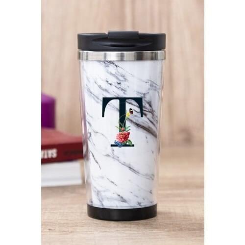 Gift Shop Letter T White Marble Thermos Cup