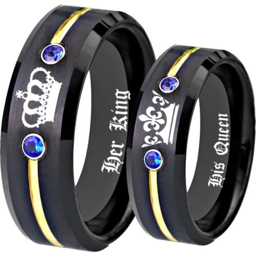 Anniversary Gift Wedding Rings Set HIs Queen- Her King Ring Black Tungsten With Bllue CZ Women Ring for Wedding Mens Ring