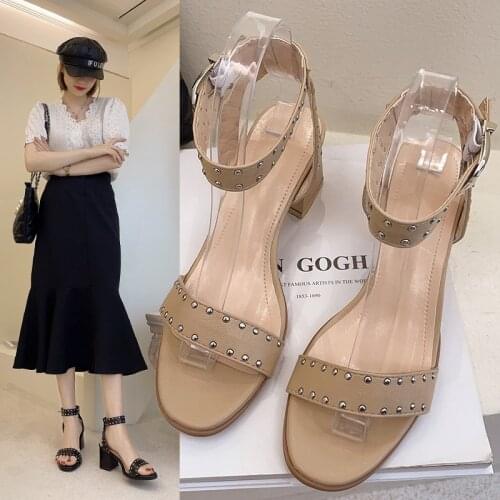 Rivets High Heels Women Sandals 2021 Summer Lady Party Shoes Woman Pumps Open Toe Square Toe Womens Sandals Tenis Feminino