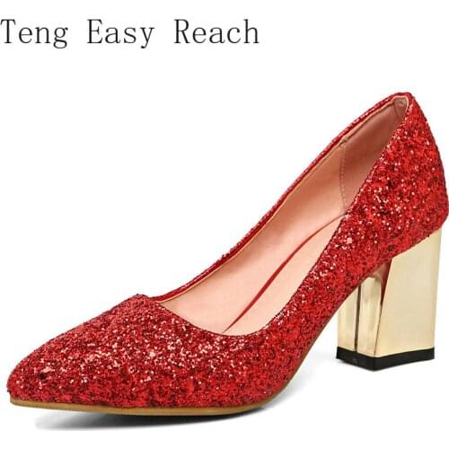Gold Silver Fashion Sequined Womens Shoes Square High Heels Pumps Slip on Pointed Toe Party Wedding Shoes Woman Shoes 41 42 43