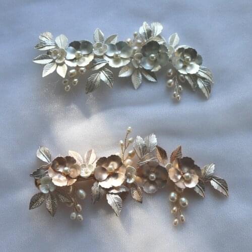 Gold Silver Color Floral Bridal Hair Piece Clip Freshwater Pearls Jewelry Wedding Accessories Handmade