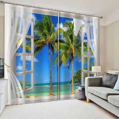 Beautiful sky Sea Beach Scenery Print curtains Decoration home living room bedroom curtains 3d Green Tropical Plants curtains