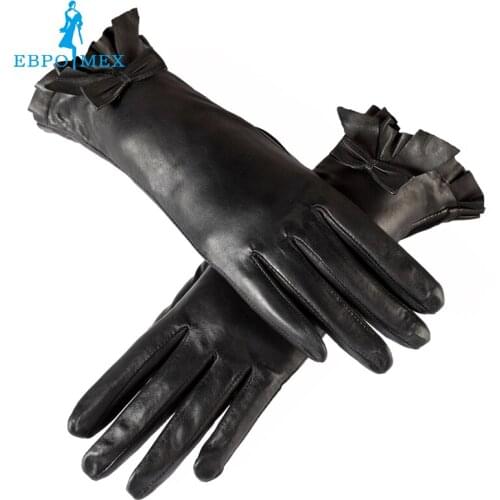 Womens gloves,Floral,Polyester,Genuine Leather,Length 25 cm,Black leather gloves,Ladies gloves,Female gloves,Free shipping