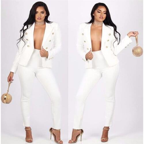 Sexy White 2 Piece Set Women Business Pantsuits Office Formal Uniform Ladies Work Wear Blazer Outfit Pantsuit