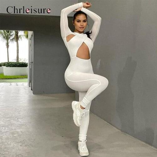 CHRLEISURE Halter Jumpsuit Women Classic Hollow Out Cleavage Long Sleeve Criss Cross Neck Sexy Sheath Body-Shaping Jumpsuit