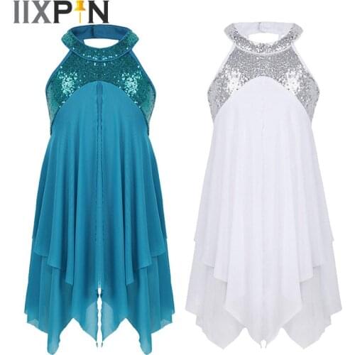 Girls Ballet Dance Dress Leotard Halter Sequins Criss cross Back Dress lyrical dance costumes latin Dance Dress ballerina Tutu