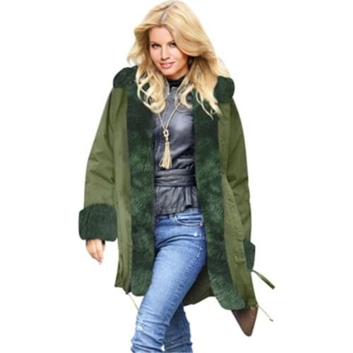 Large Size Winter Women Faux Fur Overcoat Casual Slim Thick Warm Female Fur Coats Vintage Spliced Army green Outerwear J739