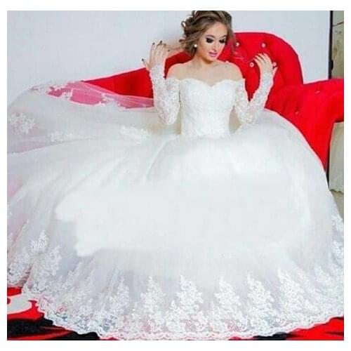 2015 Glamorous Off the Shoulder Appliqued Long Sleeve Puffy Princess Wedding Dresses