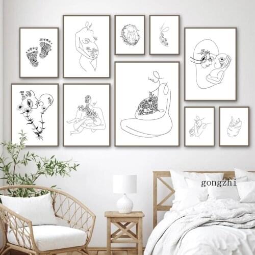 Pregnant Woman Mom Baby Abstract Line Nordic Posters Minimalist Canvas Painting and Prints Wall Art Pictures Living Room Decor
