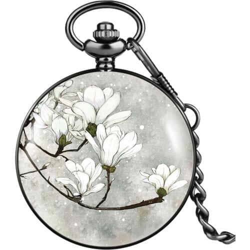 White Flowers In Winter Eegant Exquisite Pocket Chain Watch Quartz Dial High Quality Alloy Necklace Anniversary Gifts For Lovers