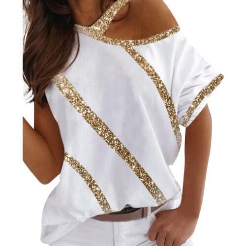 Sequined White Tops For Ladies Plus Size 2021 Summer Womens Fashion Print Loose Shoulder Casual Short Sleeve Shirt Top Blouse