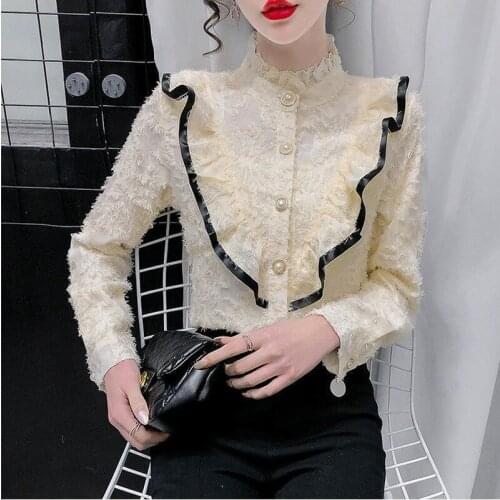 Spring Autumn Blouses Beaded Mesh Blouse Sexy Hollow Out Women Shirt Blusa Elegant Ruffle Puff Long Sleeve Tops Pullover Cloths