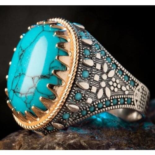 Bohemian Mens Natural Turquoises Resin Ring for Women Vintage Silver Gold Plated Finger Ring Punk Party Band Jewelry Gift