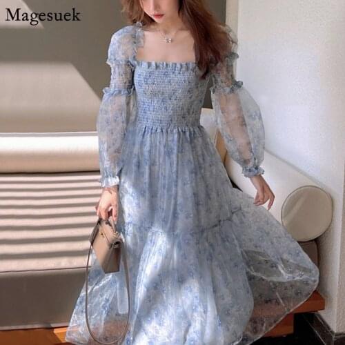 Boho Beach Floral Summer Dress Elegant Lace Puff Sleeve Midi Dress Women Square Collar Female Party One Piece Dress Korean 14514