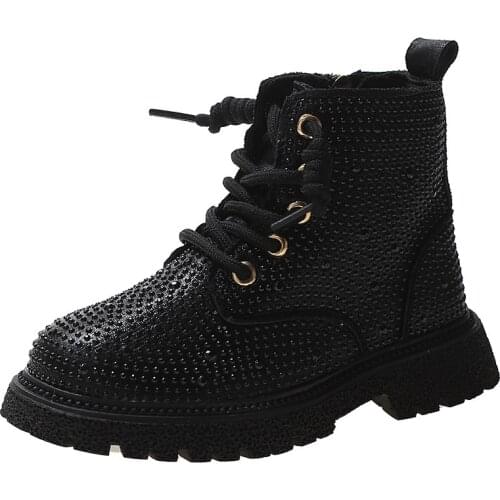Girls And Boys Rhinestone Martin Boots Size 27 To 37 Kids Autumn Performance Boots Childrens High-top Lace Up Motorcycle Shoes
