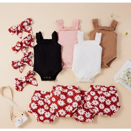 FOCUSNORM Summer Cute Baby Girls Clothes Sets 3pcs Knit Ruffles Sleeveless Romper Flowers Shorts Headband