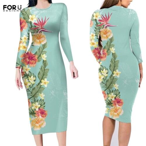 FORUDESIGNS Women Leisure Party Dress Hibiscus Palm Leaf Elegant Style Printing Round Neck Long Sleeves Lady Midi Skirt Vestidos