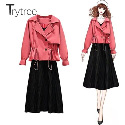 Trytree Autumn Winter Two piece set Casual Turn-down Collar Button Flare Sleeve Top + Dress Sling Office Lady Set 2 Piece Set