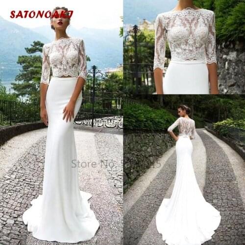 2020 Two Piece Lace Mermaid Wedding Dress Half Sleeves Appplique Sweep Train Bridal Gown Vestidos Robe De Mariage Online Shop
