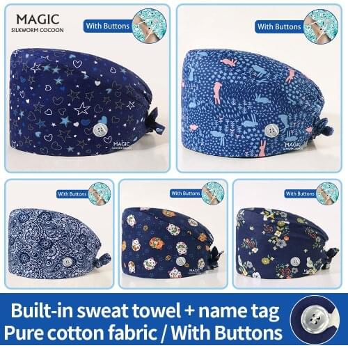Medical Surgical Scrubs Caps Breathable Cotton Adjustable Printing Blue Pharmacy Dentist Pet Doctor Men and Women Hats Wholesale