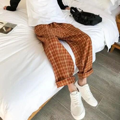 2021 Mens Lattice Printing Casual Pants Loose Retro Style Fashion Wide Leg Pants Straight Blue/orange Color Trousers M-3XL