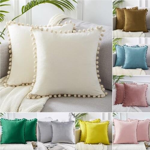 Cushion Cover Soft Velvet Decorative Cushion Covers with Ball Home Decor for Sofa Bedroom Pillowcase Pink Beige Pillow Cover