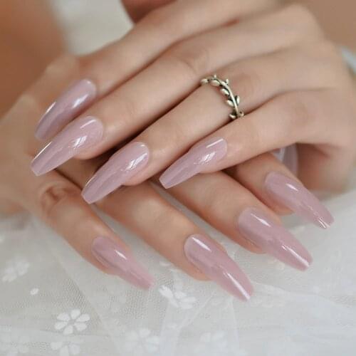 Extremely Ballerina Nail Art Tips Glossy Nude Pink Shimmer Glitter Pattern False Nails Thin Light Color Designed Tips