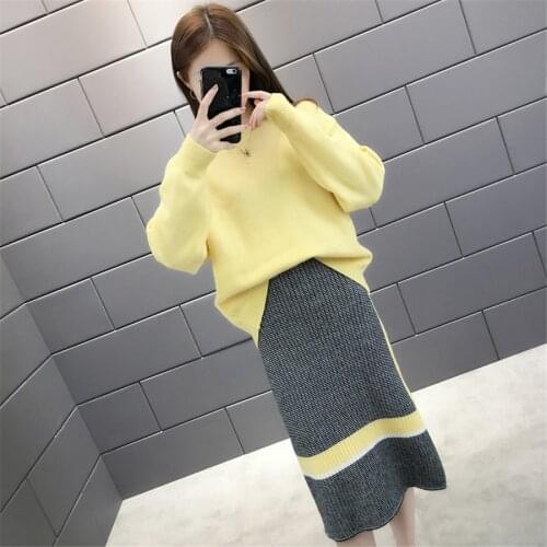 2021Autumn Womens Two-piece Set Sweater Tops and Skirt Female Sweater Long Sleeve pullover Elegant Pack Skirt