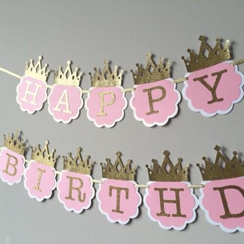 Custom age crown princess or prince birthday banners baby shower buntings nursery room party garlands photobooth backdrops