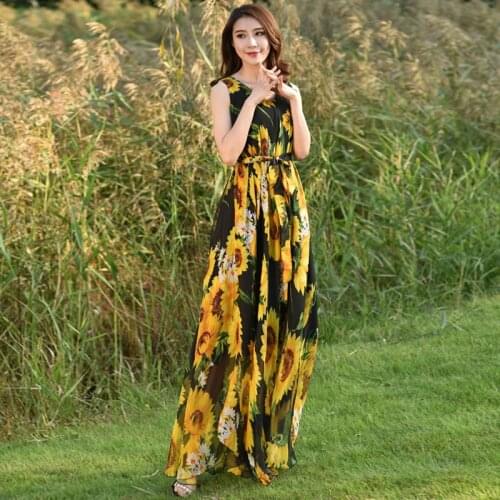 V Neck Floral Printed Chiffon Long Maxi Dress Free and loose Beach Wedding Long Flowy Dress Lightweight Sexy Chiffon Sundress