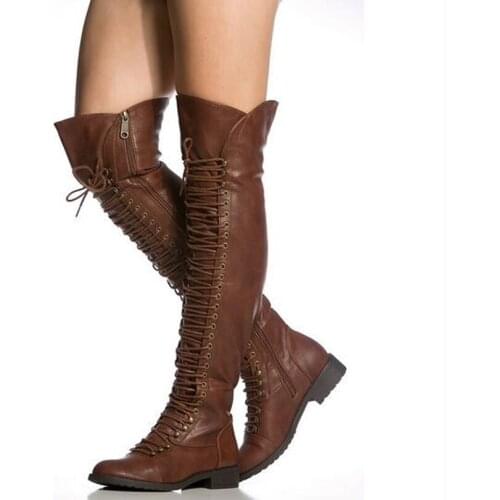 Women Winter New Fashion Lace-up Leather Over Knee Flat Boots Brown Black Zipper-up Long Knight Boots High Quality Warm Boots