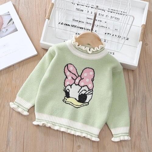 Cartoon Daisy Sweater For Baby Girl Winter Top Clothes Children Pullover Ruffle High Collar Keep Warm Mickey Clothing 1-6 Y