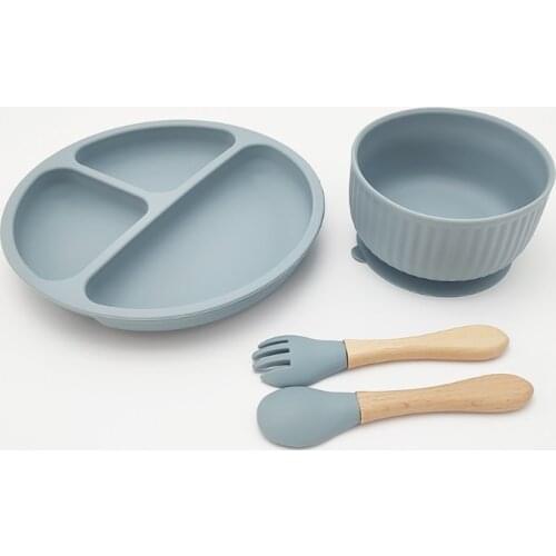 4 Pcs Baby Silicone Divided Dinner Plate Sucker Bowl Spoon Fork Set Training Feeding Food Utensil Dishes Tableware Kit for Newbo