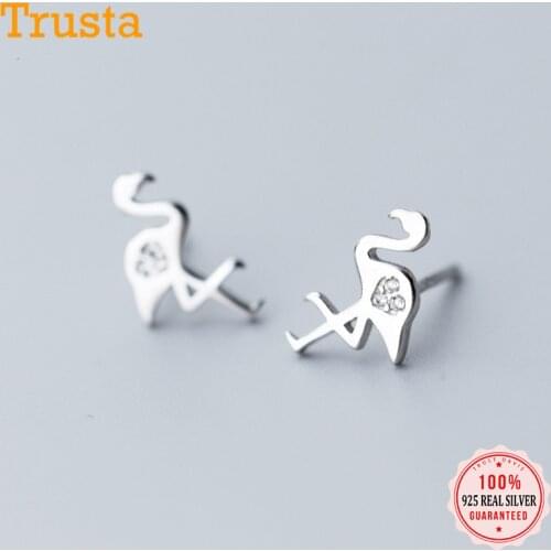 Trusta 100% 925 Solid Sterling Silver Women Jewelry Fashion 9mmX13mm Symmetry Flamingos CZ Stud Earring For Daughter Girls DS878