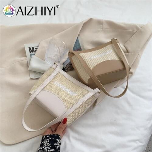 Vintage Women Bag PU Woven Patchwork Underarm Letters Embroidery Shoulder Bags Rattan Straw All-match Holiday Beach Bag