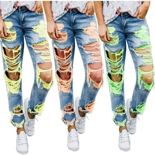 Womens Holes Denim Pants High Street Oversized Straight Jeans Fashion Plus Size Denim Trousers 2021 Summer