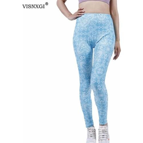 VISNXGI Leggings Sports Fitness Women Sexy Push Up Pants Casual Streetwear High Waist Light Blue Geometric Flower Ankle Length