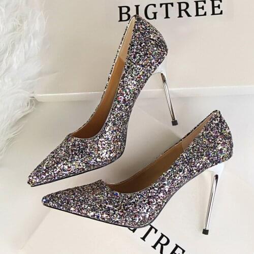 European and American style new womens shoes shallow mouth pointed sparkle sequins sexy thin high heels black work shoes